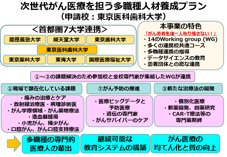 次世代がん医療を担う多職種人材養成プランの図解。首都圏7大学が連携し「①現場で顕在化している課題、②予防の推進、③新たな治療法」を解決を目指しWorking groupを行うことで、多職種の専門的医療人の排出・継続可能な教育システムの構築・がん医療の均てん化と質の向上に繋げる、を表した図