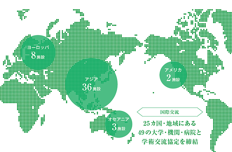 学術交流協定を締結した地域ごとの施設数を、世界地図に図解した画像