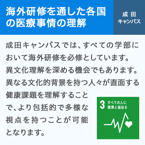 海外研修を通した各国の医療事情の理解 成成田キャンパス
